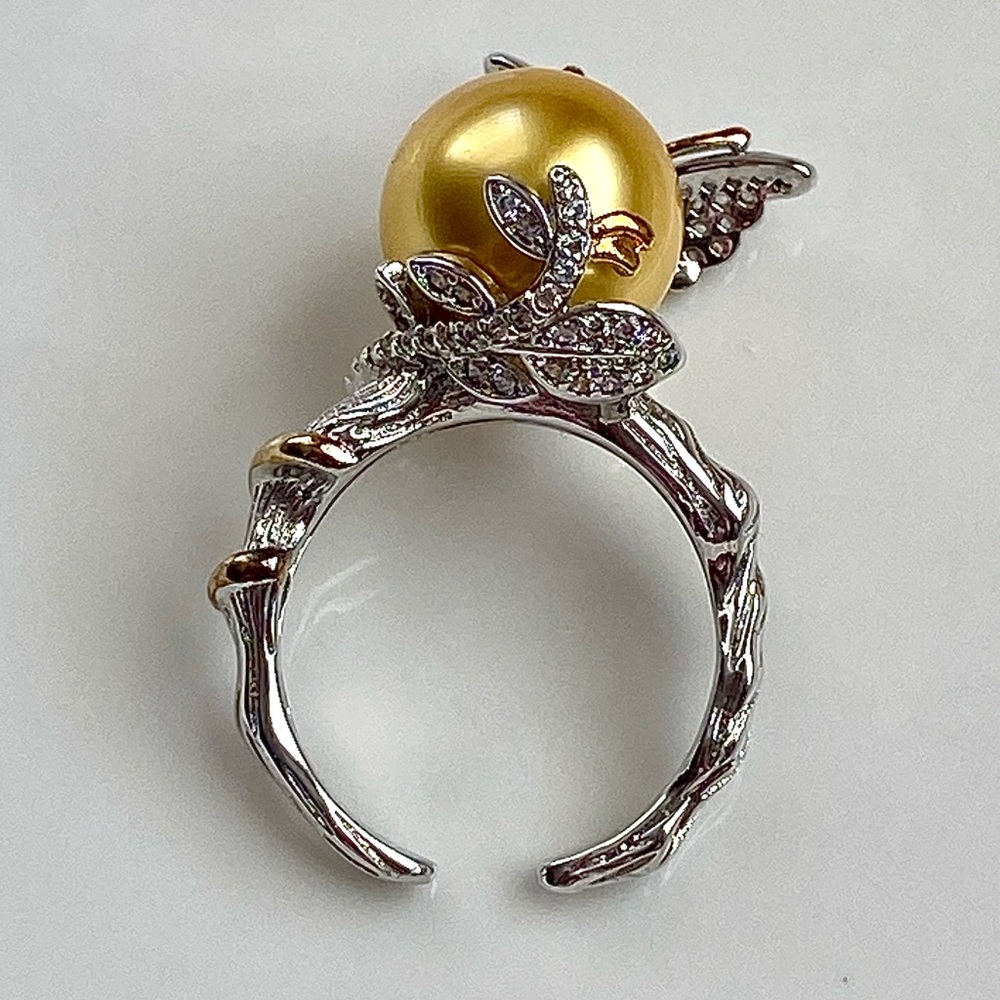 R25- Premium Round Deep Gold South Sea Pearl 11.8 mm s925 Butterfly Ring - Picture 8 of 9